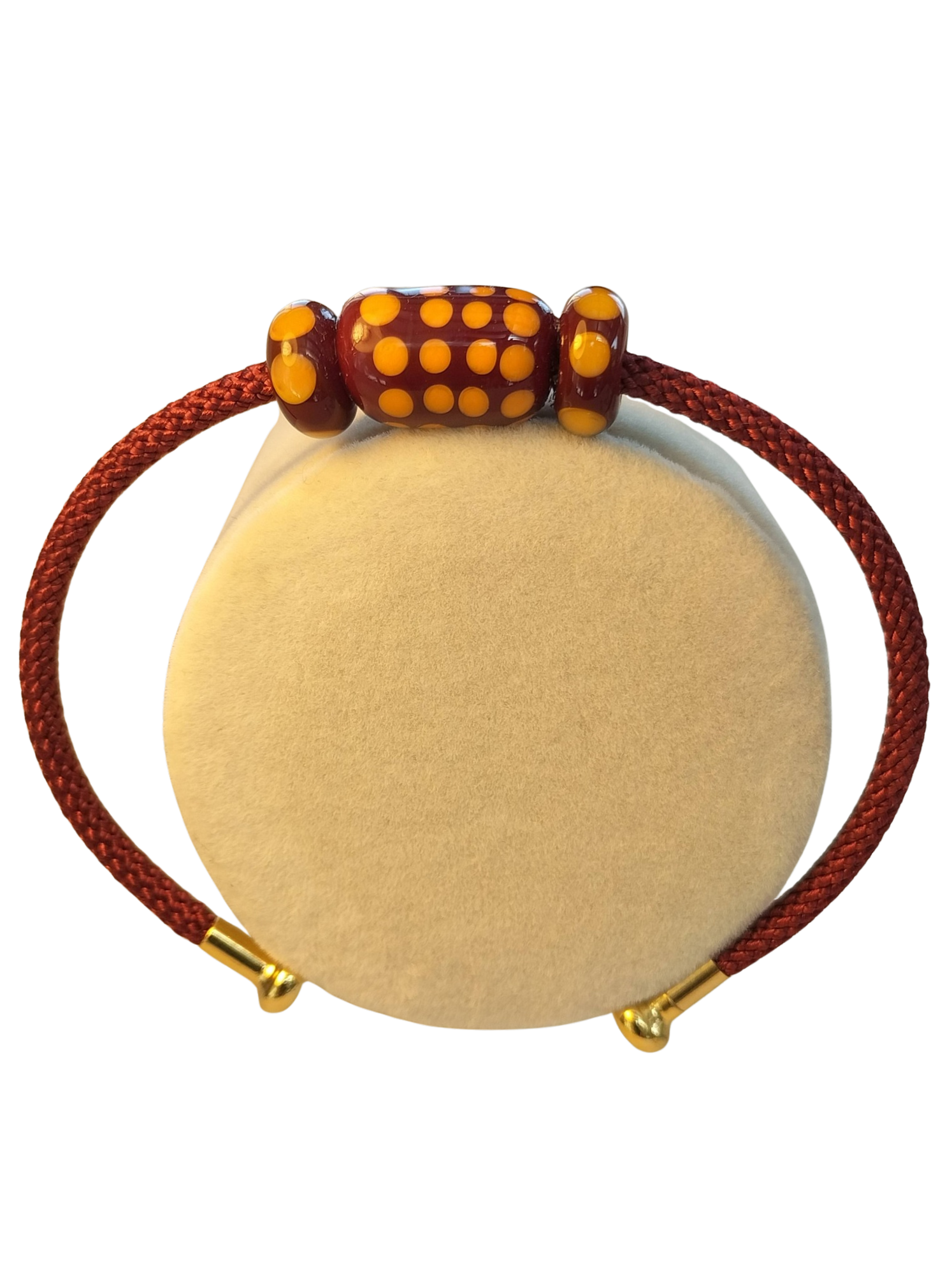 Bracelet jonc nylon bordeau avec perles de verre bordeaux à pois orange
